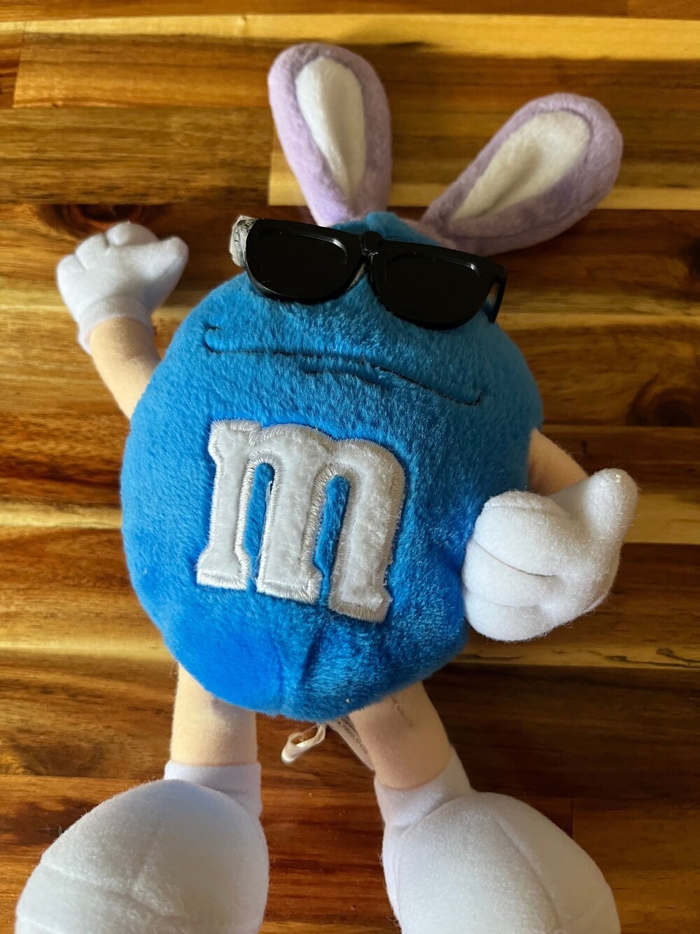 M&M Blue Plush Toy with Bunny Ears and Sunglasses